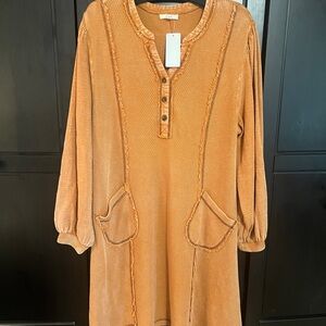 Easel Terracotta Waffle Knit Boho DressLong Sleeves